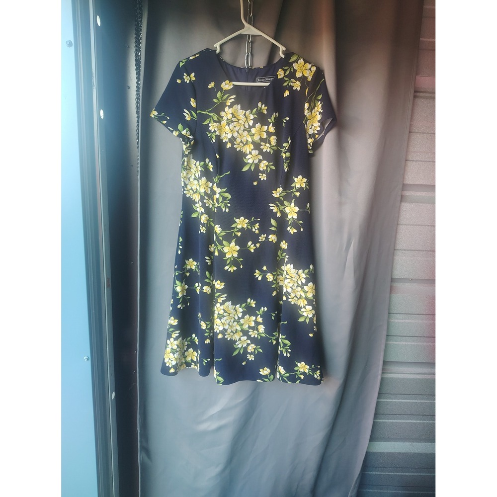Jessica Howard Navy Blue Yellow Floral Fit and‎ Flare Dress Womens 12
